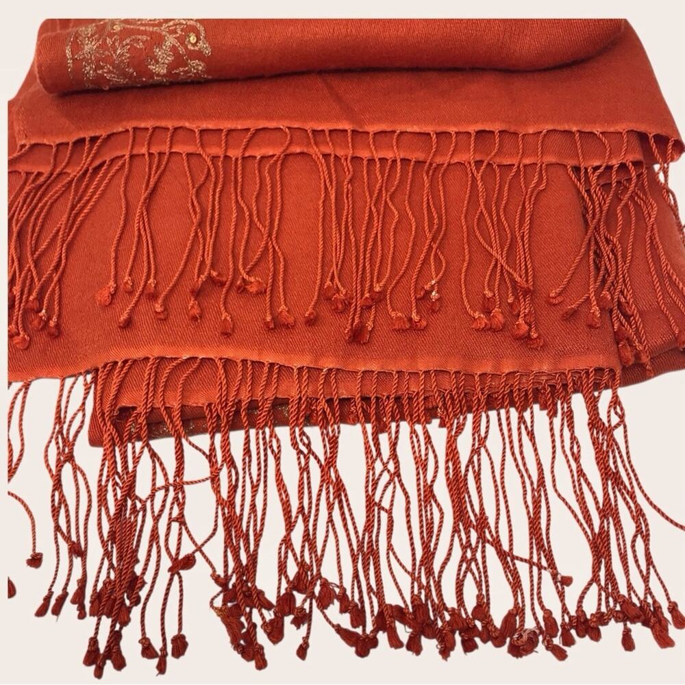 Pashmina Cashmere Blanket Scarf Wrap Orange Gold Embroidered Thread & Sequin - Picture 10 of 12